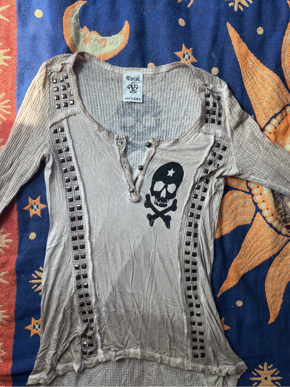 Vocal Beige Taupe Skull Studded Long-Sleeve Tee